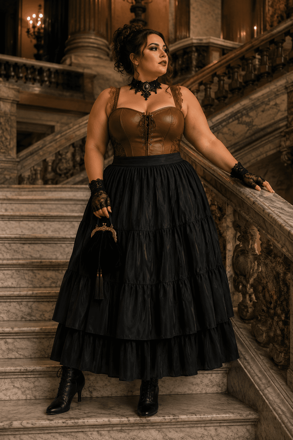 corset lingerie steampunk marron grande taille en similicuir et dentelle porté au palais garnier style élégant
