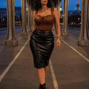 corset steampunk lingerie marron en similicuir et dentelle porté au pont bir hakeim blue hour style mode