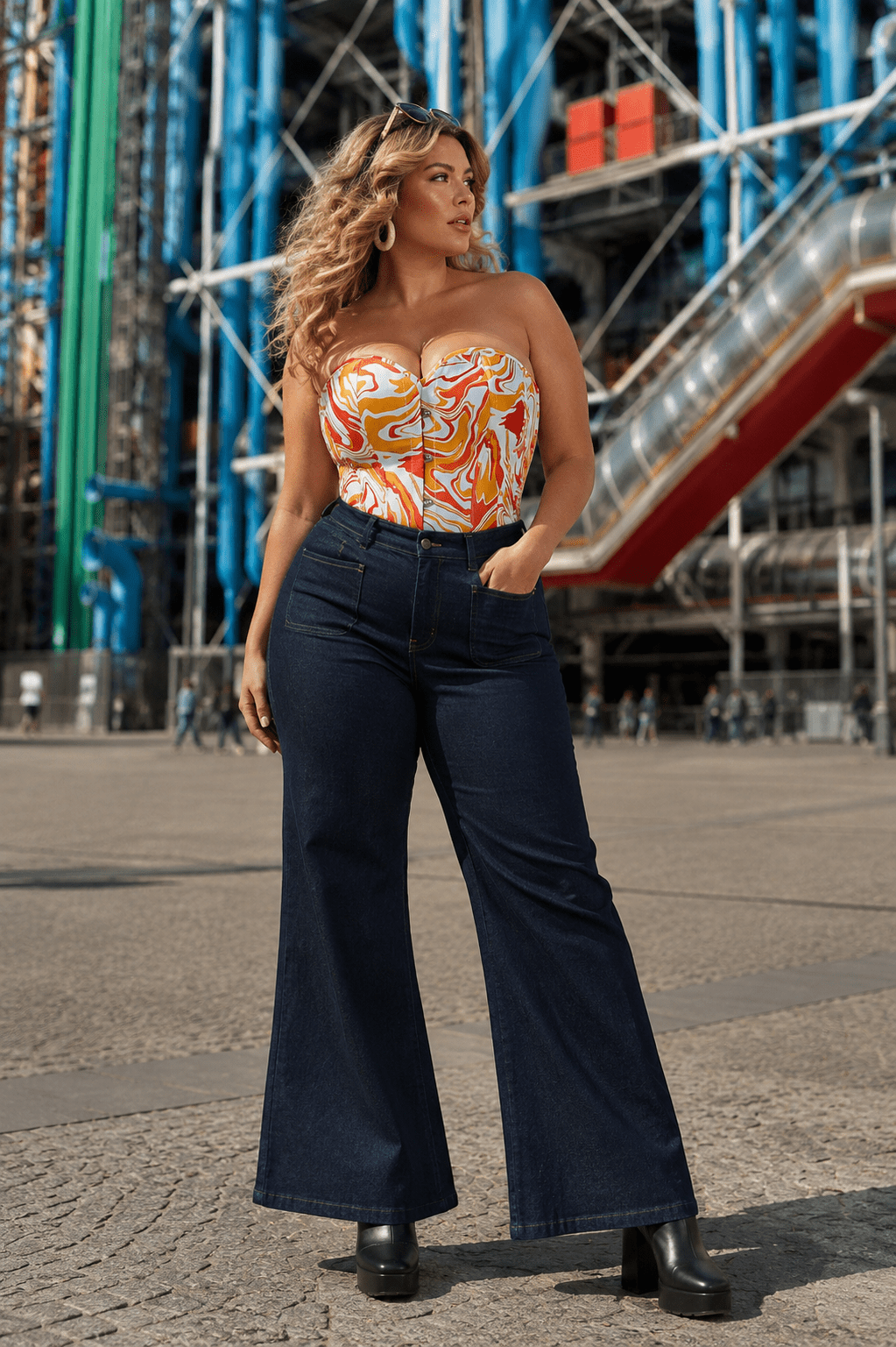 Femme portant un corset multicolore psychédélique grande taille avec pantalon pattes d’éléphant en denim brut devant le Centre Pompidou à Paris dans une ambiance mode éditoriale rétro moderne.