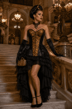 Corset néo victorien gothique steampunk doré brocart et similicuir noir porté au Palais Garnier sur grand escalier de marbre