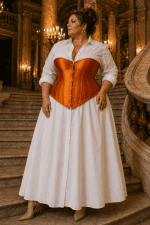 Femme élégante portant un corset orange satiné grande taille avec robe blanche au Palais Garnier à Paris