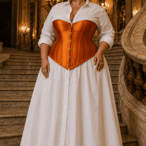 Femme élégante portant un corset orange satiné grande taille avec robe blanche au Palais Garnier à Paris