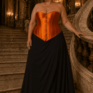 Femme de 45 ans taille 3XL portant un corset orange satiné avec une jupe maxi noire drapée sur l’escalier de marbre du Palais Garnier dans une ambiance éditoriale haute couture.