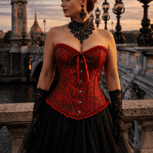 corset gothique romantique rouge en brocart à motifs baroques ton sur ton