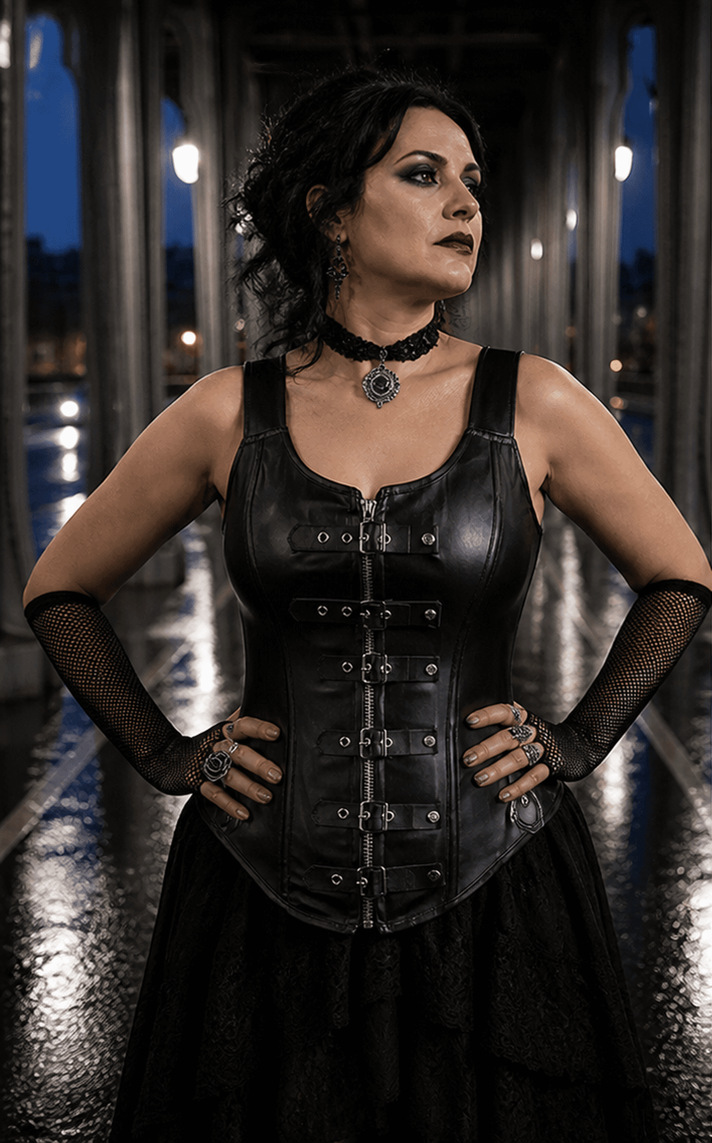 Corset en similicuir noir avec boucles métal porté en tenue gothique industrielle au Pont Bir-Hakeim cadrage taille