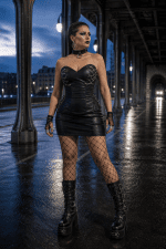 Corset en similicuir noir style gothique industriel porté avec mini jupe noire et résille au Pont Bir-Hakeim à Paris