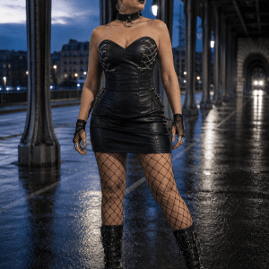 Corset en similicuir noir style gothique industriel porté avec mini jupe noire et résille au Pont Bir-Hakeim à Paris