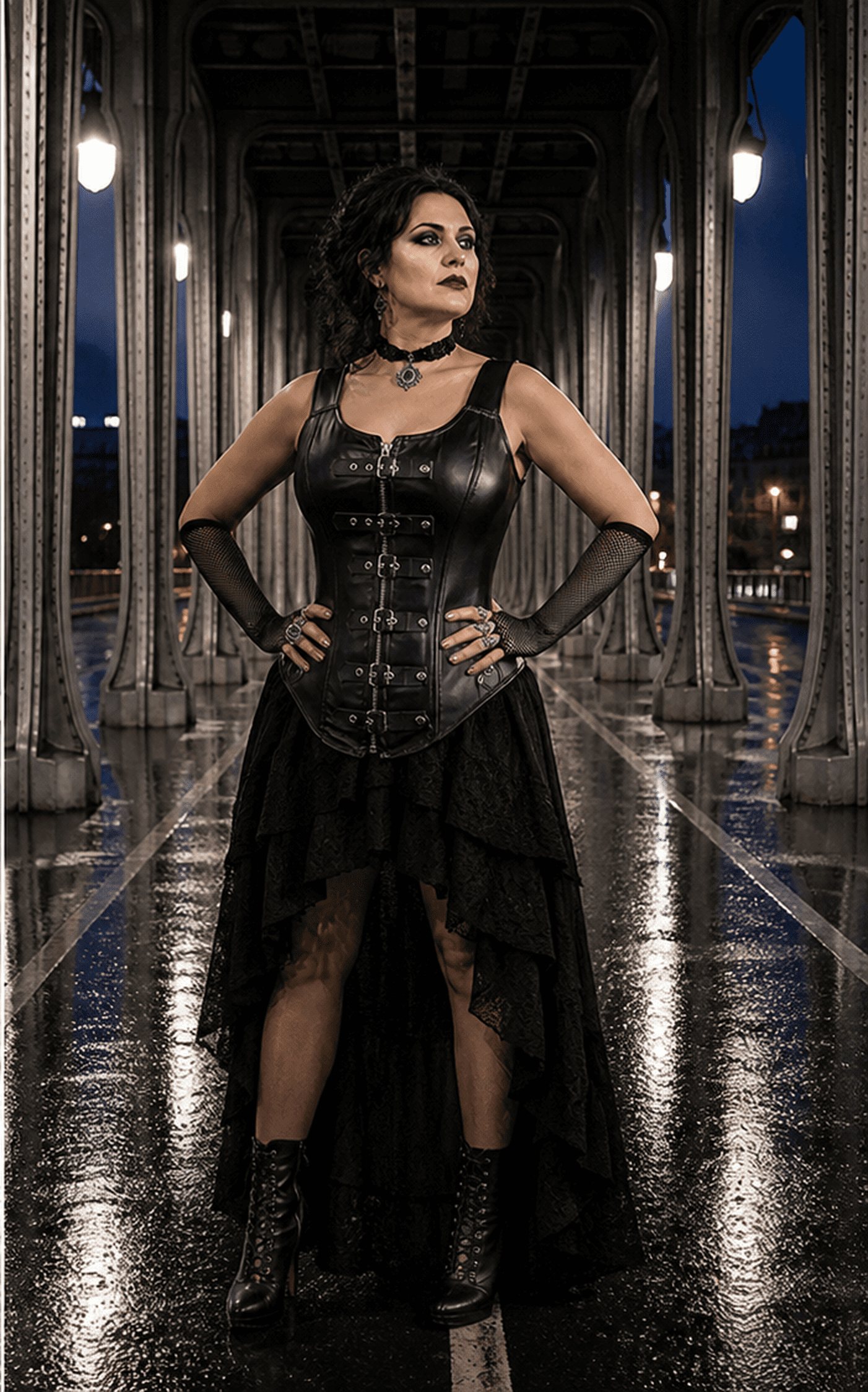Tenue gothique industrielle avec corset similicuir noir et bottines sur pont métallique à Paris de nuit