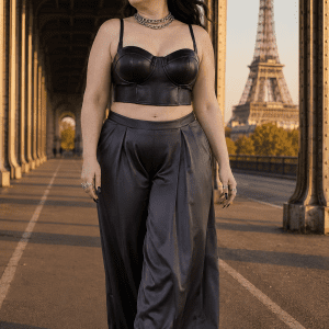 Soutien-gorge corset similicuir noir porté avec palazzo satin gris anthracite au pont Bir-Hakeim à Paris, lumière dorée golden hour, look éditorial élégant