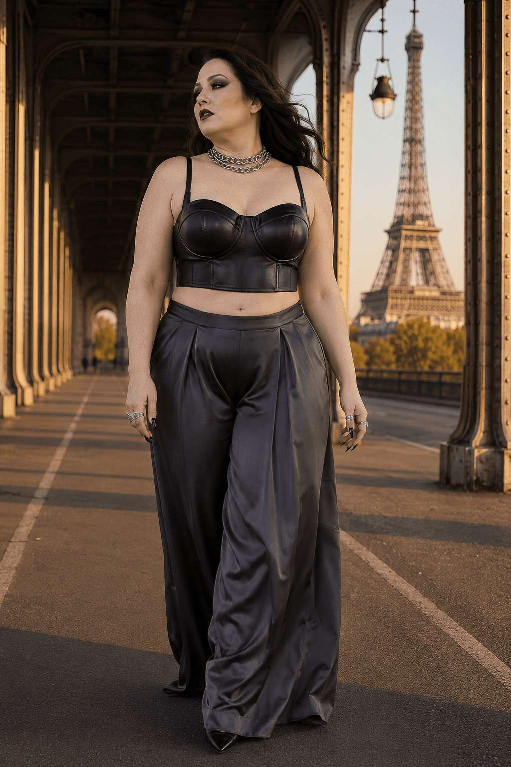 Soutien-gorge corset similicuir noir porté avec palazzo satin gris anthracite au pont Bir-Hakeim à Paris, lumière dorée golden hour, look éditorial élégant