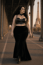 Corset soutien-gorge noir grande taille avec jupe sirène en velours noir au pont Bir-Hakeim Paris, look gothique élégant silhouette 3XL