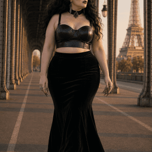 Corset soutien-gorge noir grande taille avec jupe sirène en velours noir au pont Bir-Hakeim Paris, look gothique élégant silhouette 3XL
