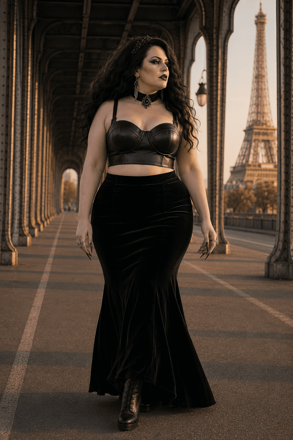 Corset soutien-gorge noir grande taille avec jupe sirène en velours noir au pont Bir-Hakeim Paris, look gothique élégant silhouette 3XL