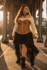 Femme portant un corset steampunk bronze doré grande taille avec blouse crème et jupe asymétrique noire au Pont Bir-Hakeim à Paris dans une ambiance éditoriale victorienne moderne.