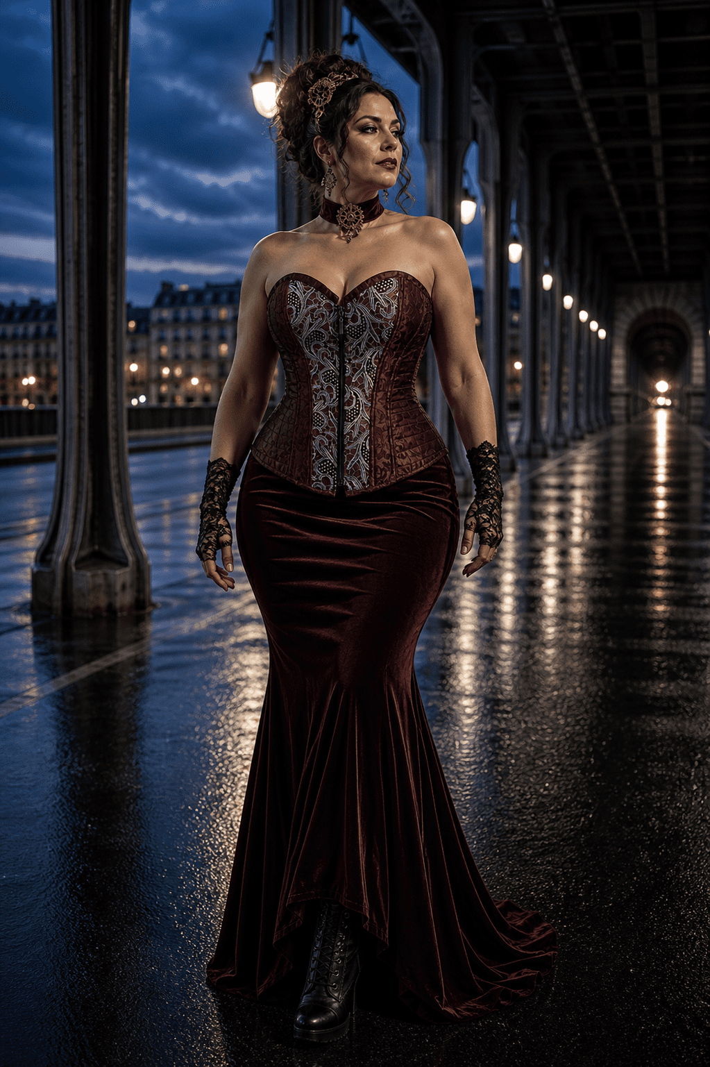Corset steampunk marron à broderie argentée porté avec jupe sirène bordeaux au Pont Bir-Hakeim à Paris