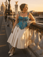 Corset turquoise brocart porté avec jupe crème plissée au pont Alexandre III à Paris au coucher du soleil