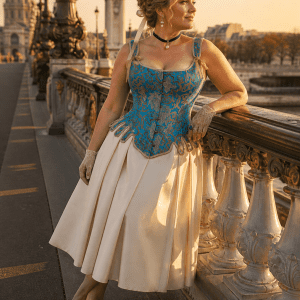 Corset turquoise brocart porté avec jupe crème plissée au pont Alexandre III à Paris au coucher du soleil