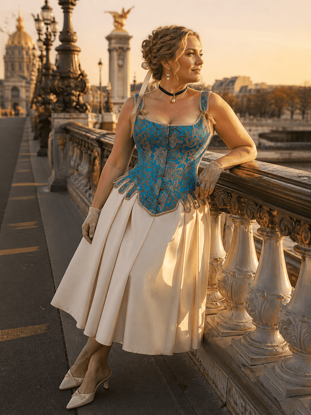 Corset turquoise brocart porté avec jupe crème plissée au pont Alexandre III à Paris au coucher du soleil