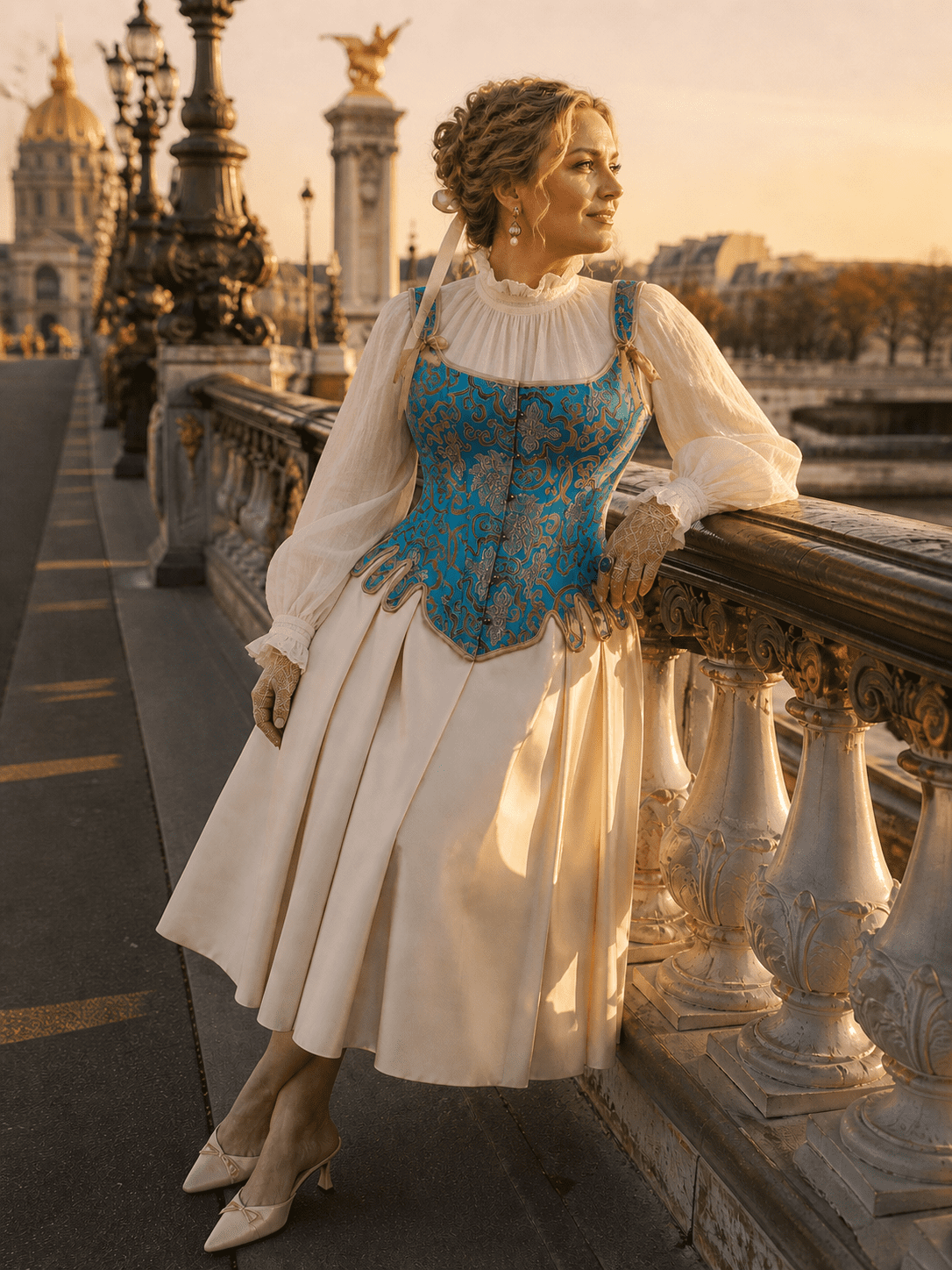 Corset turquoise porté sur chemise ivoire à manches bouffantes au pont Alexandre III style élégant et romantique