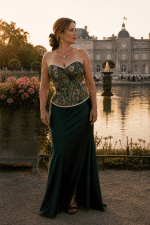 Corset vintage fleuri effet peinture à l’huile porté debout avec jupe satin vert émeraude au Jardin du Luxembourg Paris