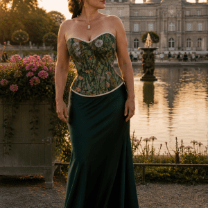 Corset vintage fleuri effet peinture à l’huile porté debout avec jupe satin vert émeraude au Jardin du Luxembourg Paris