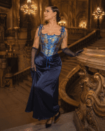 Femme portant un corset bustier renaissance fleuri bleu et or avec jupe satin bleu marine au Palais Garnier à Paris