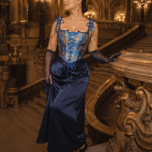 Femme portant un corset bustier renaissance fleuri bleu et or avec jupe satin bleu marine au Palais Garnier à Paris