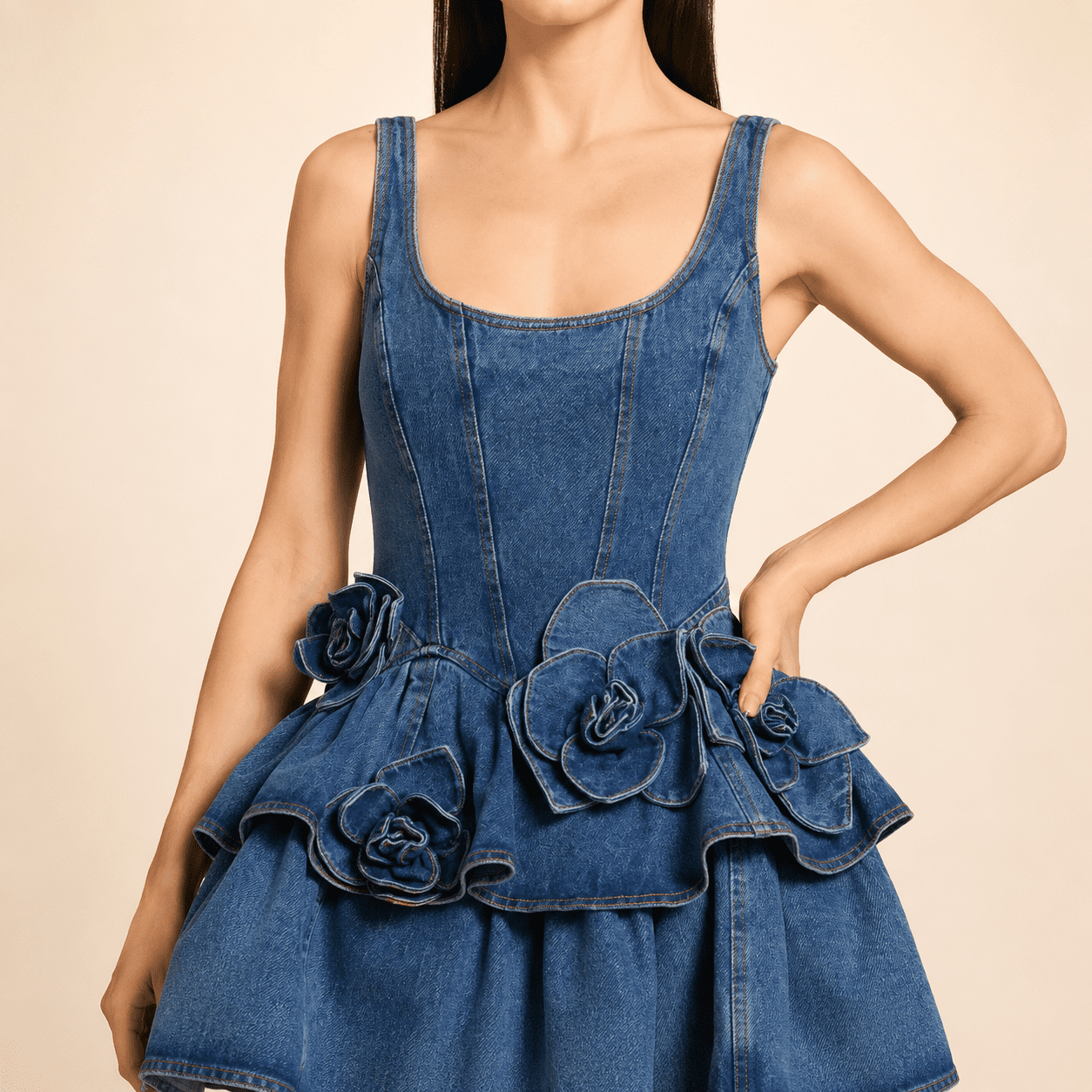 Mini-Robe Bustier Jean à Volants-Rosette 3D – Image 6