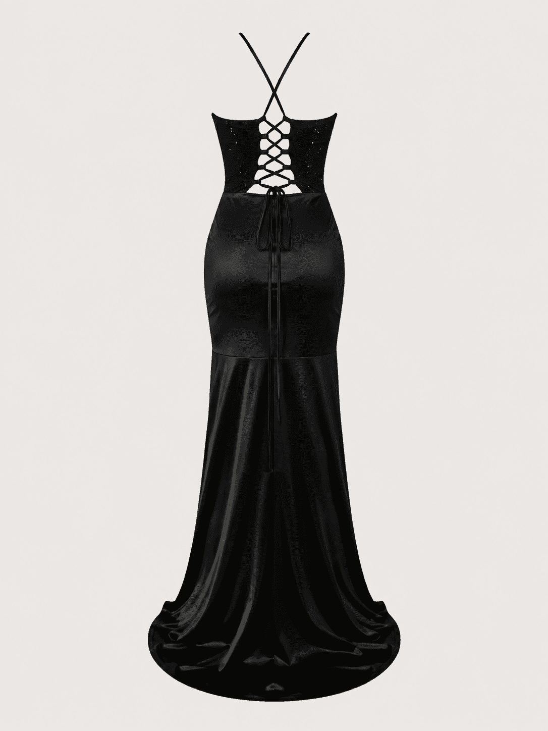 robe de bal noire corset bustier satinee de dos