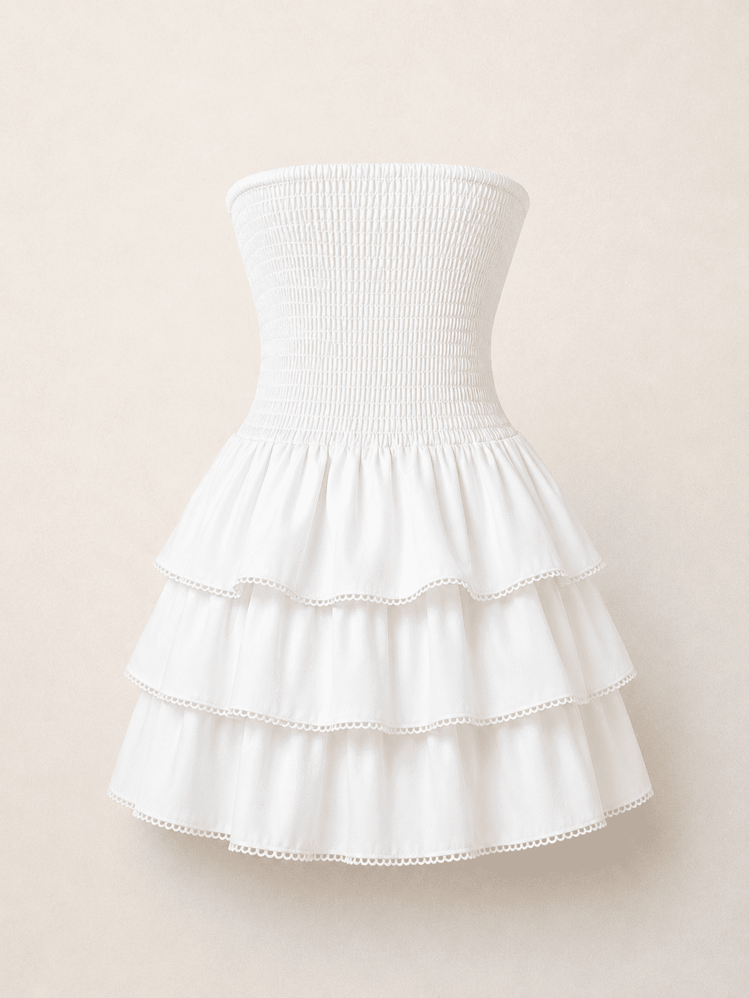 Robe Bustier Courte Blanche Smockée à Volants – Image 5