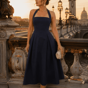 Femme de 40 ans portant une robe bustier midi bleu marine élégante au Pont Alexandre III à Paris au coucher du soleil