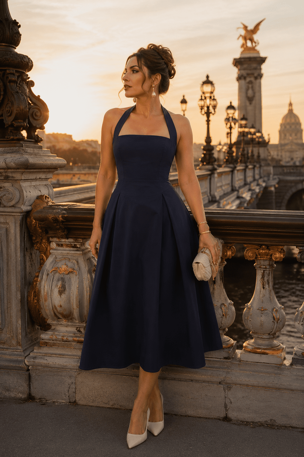 Femme de 40 ans portant une robe bustier midi bleu marine élégante au Pont Alexandre III à Paris au coucher du soleil