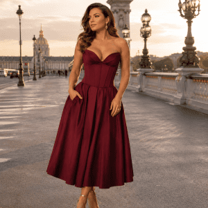 Robe cocktail bordeaux midi bustier effet corset photographiée au Pont Alexandre III à Paris avec lumière dorée du matin et style éditorial élégant