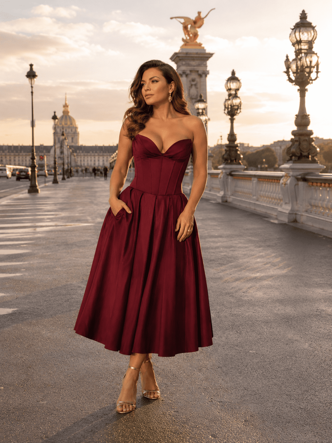 Robe cocktail bordeaux midi bustier effet corset photographiée au Pont Alexandre III à Paris avec lumière dorée du matin et style éditorial élégant