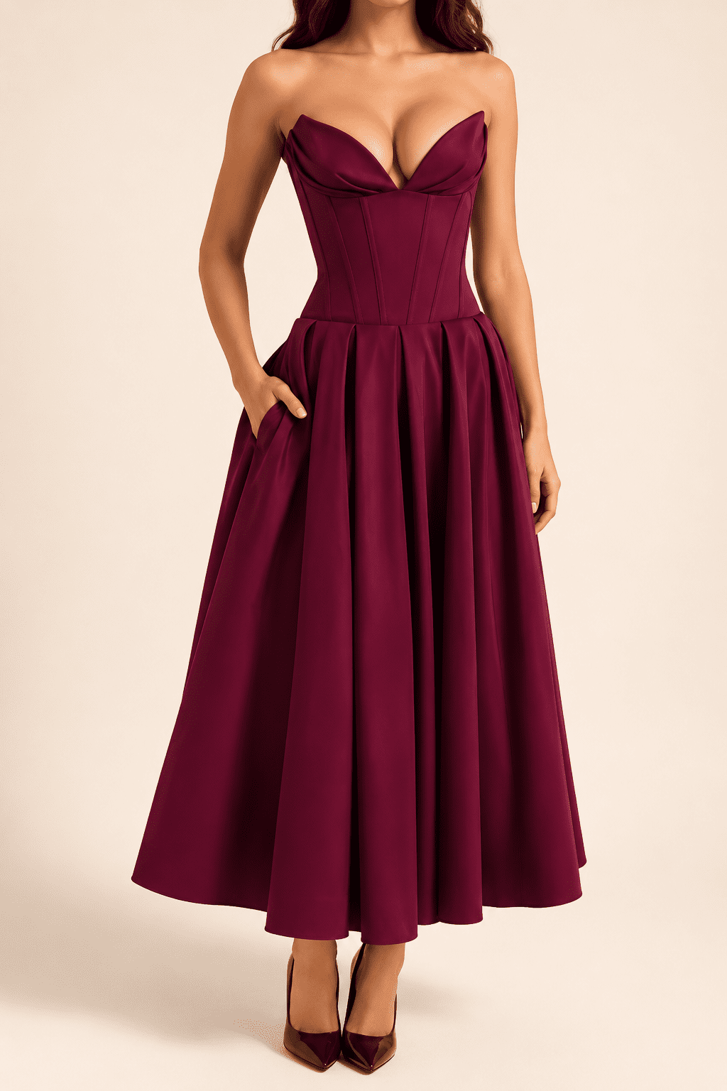 Robe Cocktail Bordeaux Bustier Effet Corset – Image 2