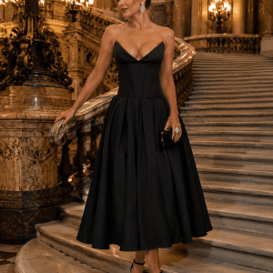 Femme portant une robe cocktail noire midi bustier effet corset au grand escalier du Palais Garnier à Paris