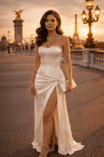 Robe corset mariage satin ivoire avec fente au Pont Alexandre III à Paris au coucher de soleil