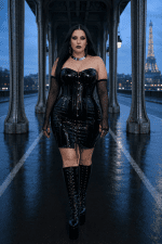 Femme portant une robe corset latex noir néo gothique au Pont Bir-Hakeim dans une ambiance mode éditoriale cyber goth
