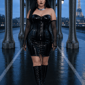Femme portant une robe corset latex noir néo gothique au Pont Bir-Hakeim dans une ambiance mode éditoriale cyber goth