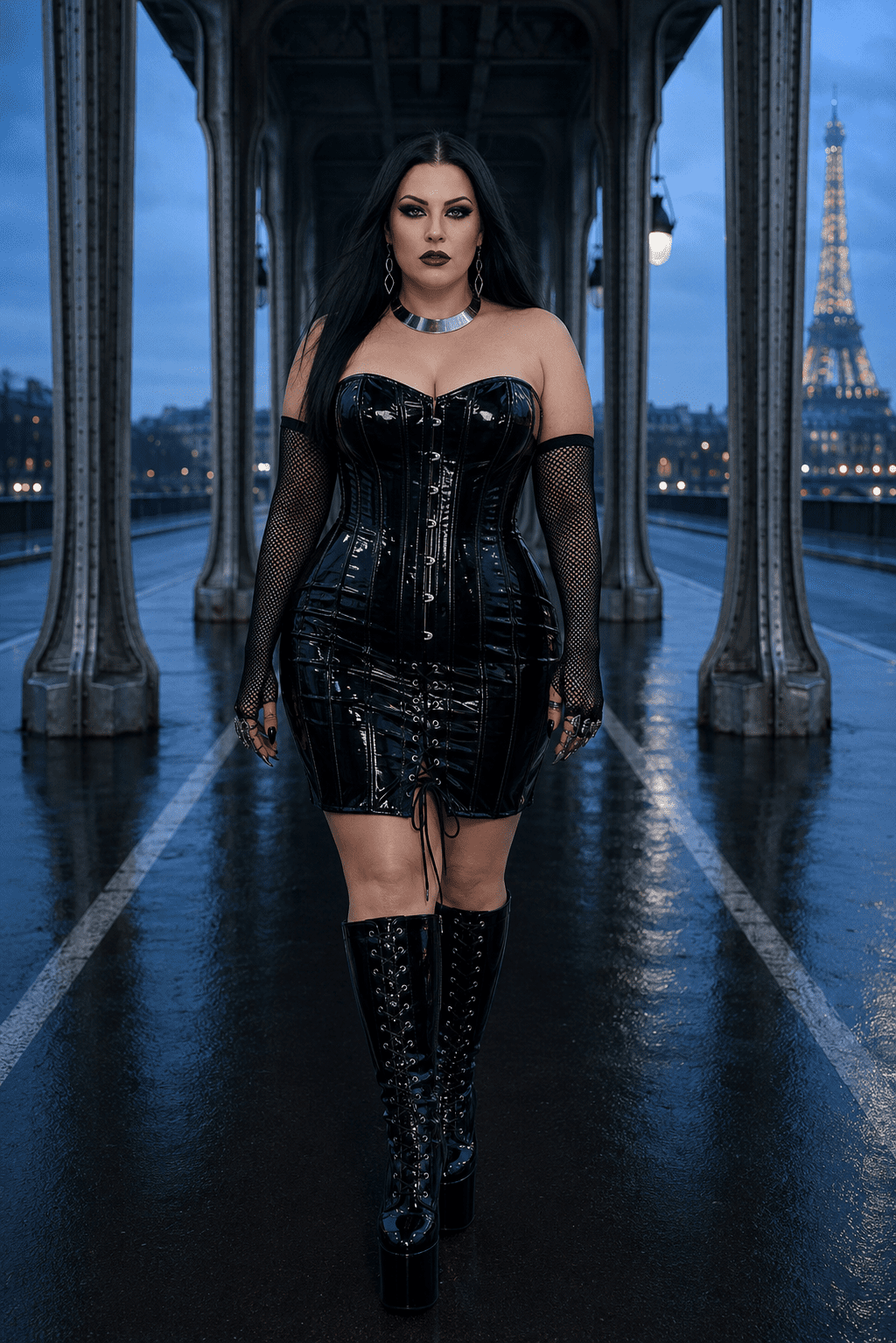 Femme portant une robe corset latex noir néo gothique au Pont Bir-Hakeim dans une ambiance mode éditoriale cyber goth