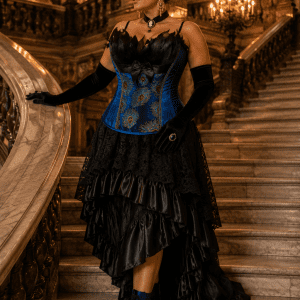 Femme portant une robe corset asymétrique bleu roi et noire à plumes de paon au Palais Garnier à Paris