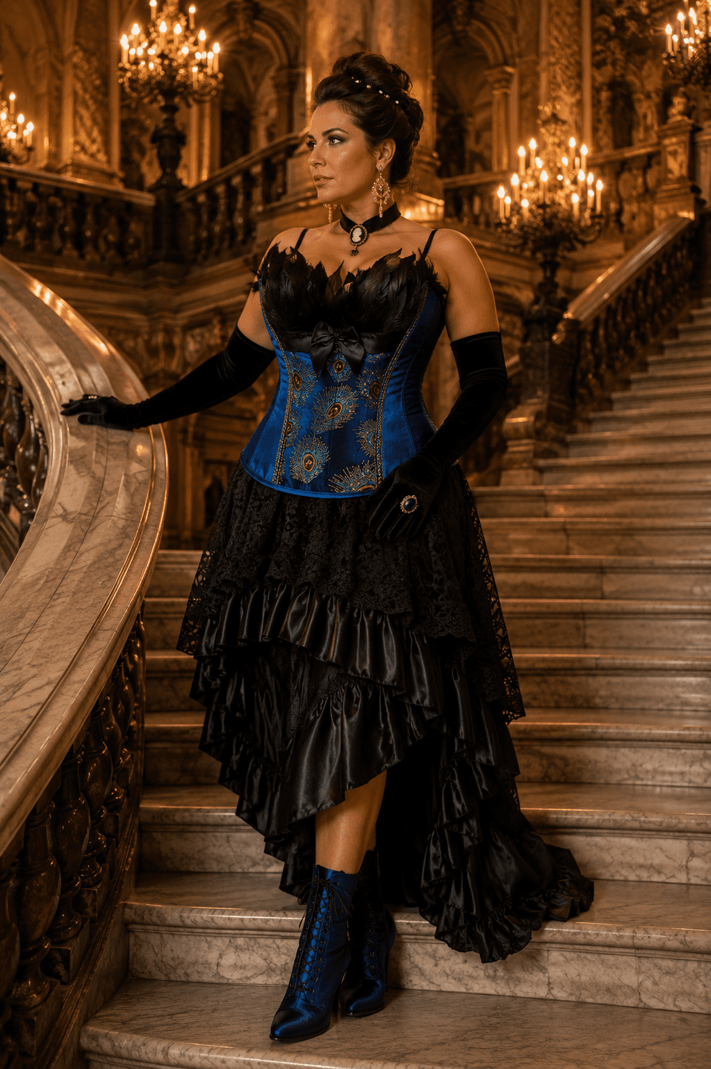 Femme portant une robe corset asymétrique bleu roi et noire à plumes de paon au Palais Garnier à Paris