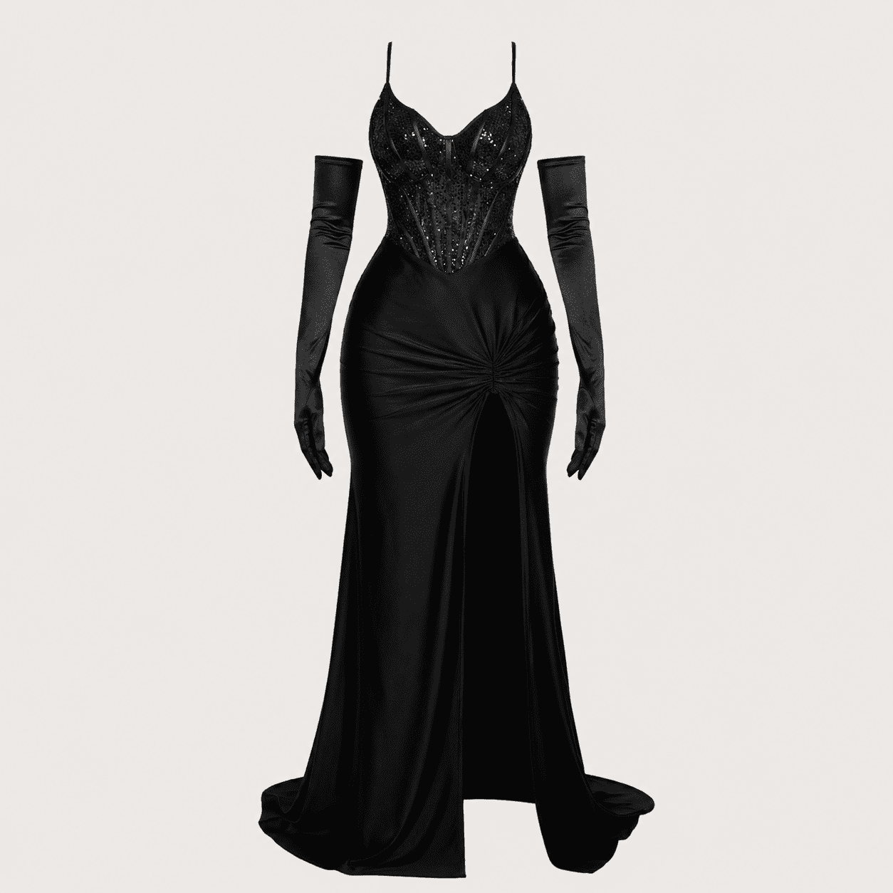 robe de bal corset bustier noire satinee de devant avec long gant en tulle corset paris