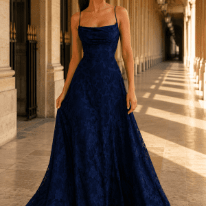 Femme portant une robe longue corset bleu marine en tissu dévoré floral sous les arcades du Palais Royal à Paris