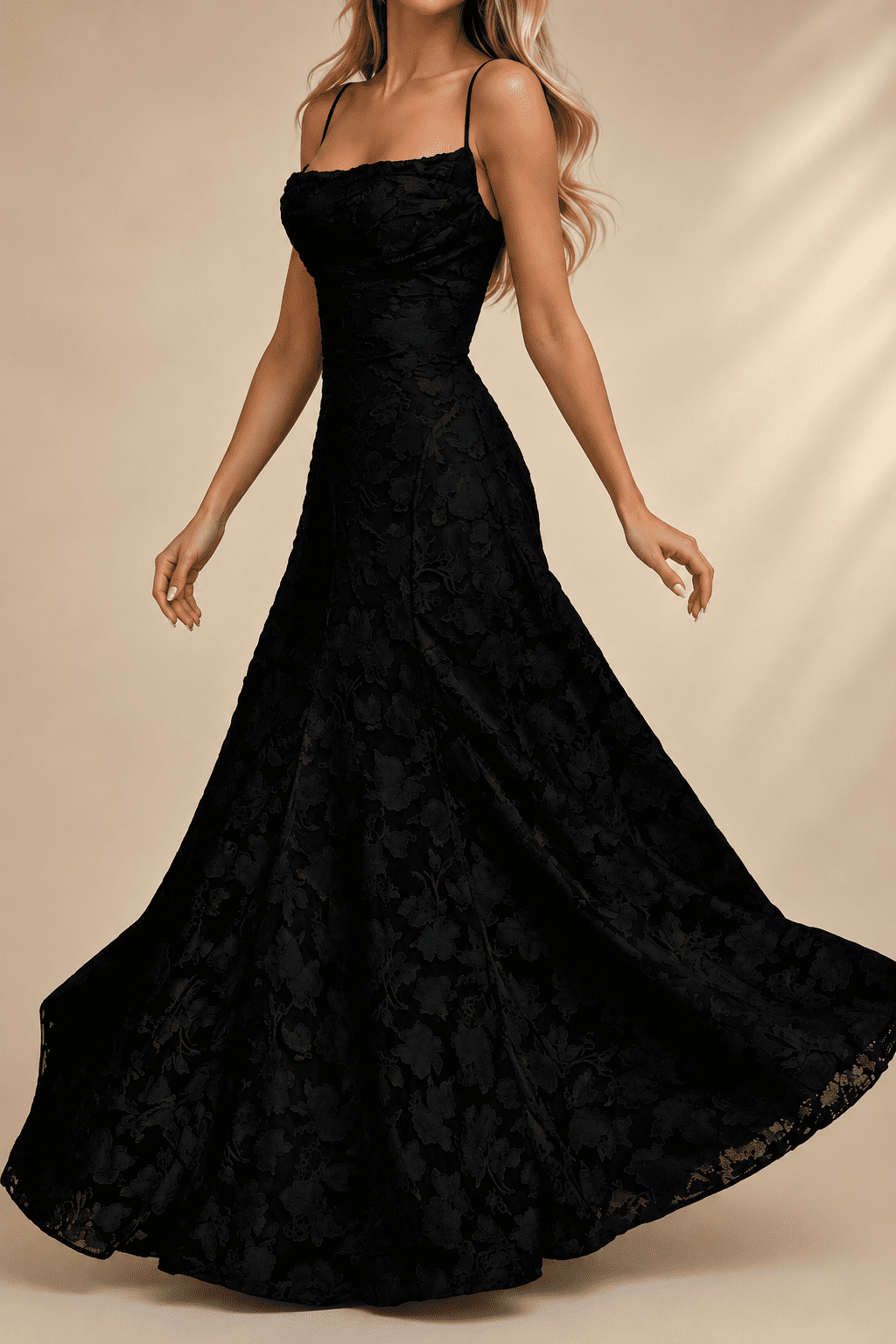 Robe Longue Corset Noir en Tissu Dévoré – Image 2