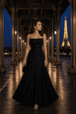 Femme portant une robe longue noire en velours dévoré floral au Pont Bir-Hakeim à Paris avec la tour Eiffel illuminée en arrière-plan