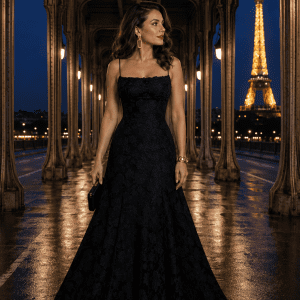 Femme portant une robe longue noire en velours dévoré floral au Pont Bir-Hakeim à Paris avec la tour Eiffel illuminée en arrière-plan