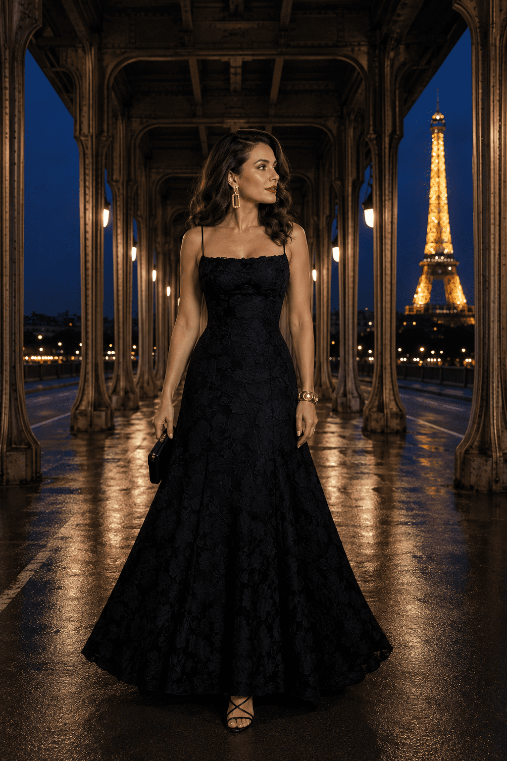 Femme portant une robe longue noire en velours dévoré floral au Pont Bir-Hakeim à Paris avec la tour Eiffel illuminée en arrière-plan