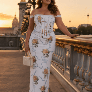 Robe longue de soirée style corset blanche à imprimé floral romantique avec rubans pastel bleus, encolure épaules dénudées bordée de dentelle et coupe moulante élégante.