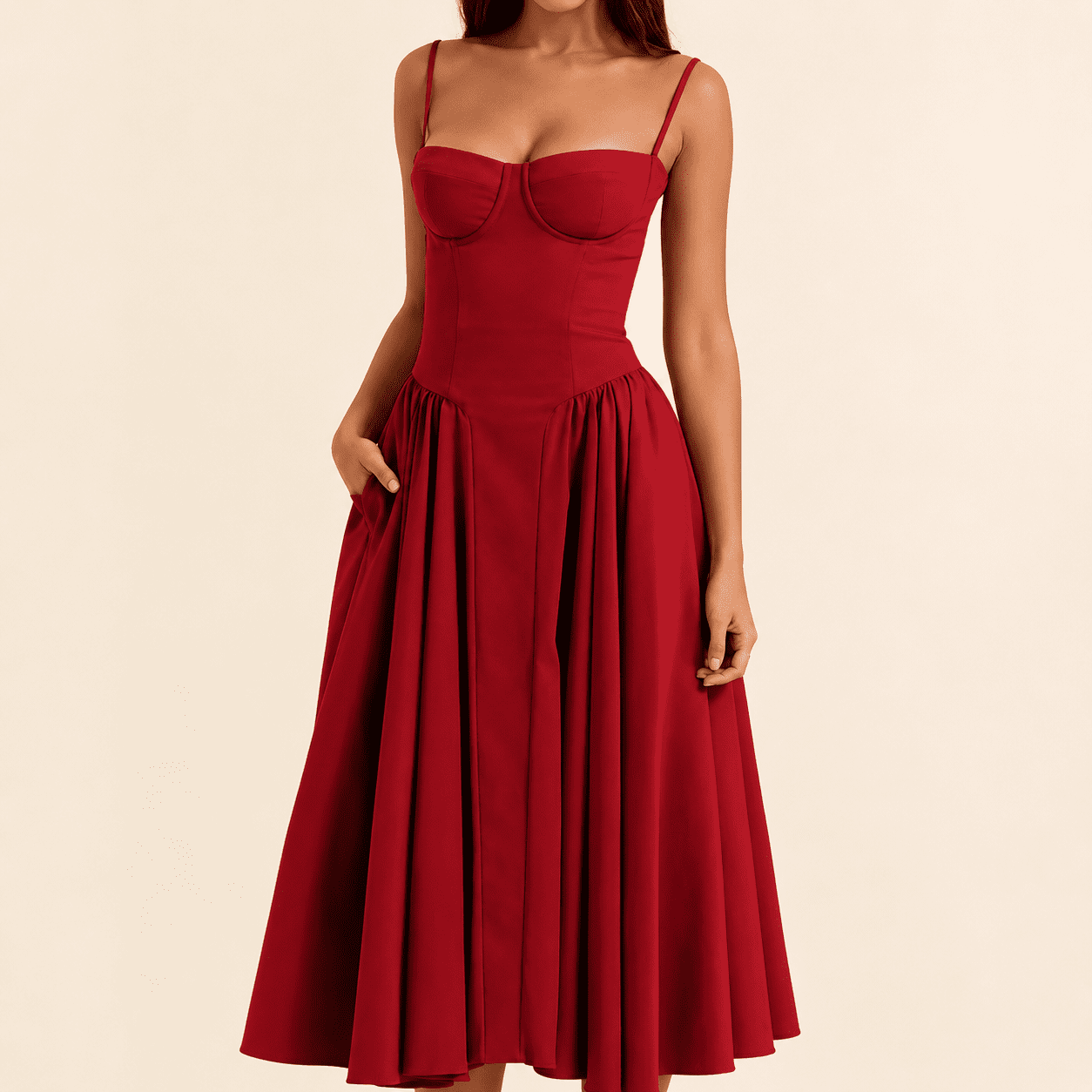 Robe Midi Rouge à Bretelles Bustier Corseté – Image 2